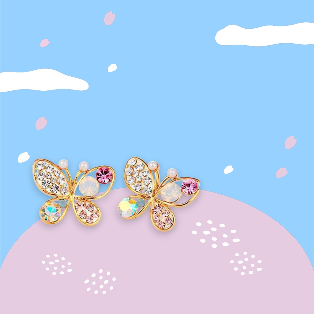Spring Butterfly Faux Pearl Crystal Rhinestone Earrings New!